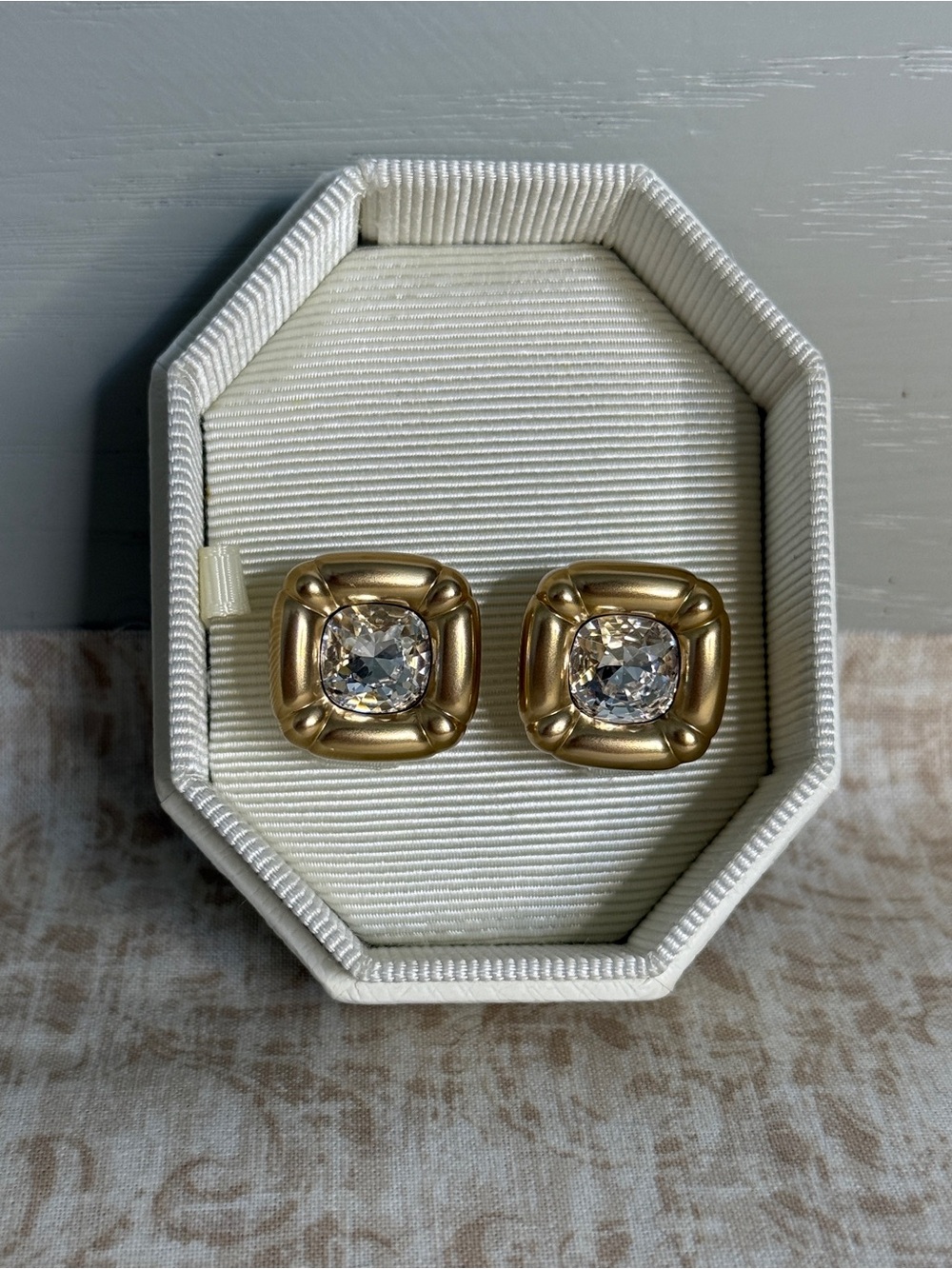 Swarovski Dulcis Gold Tone Cushion Cut Earrings Crystal NWT